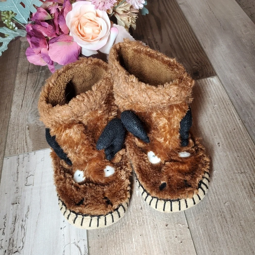 Hatley Toddler Boy Brown Moose Pull-On Slippers Size Large 11-13 EUC